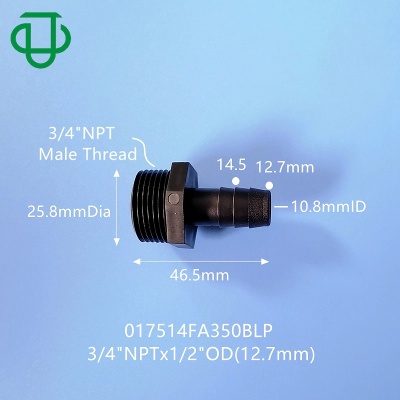 Plastic 3/4"NPT Male Threaded Adapter 1/2" Hose Barbed Union Black Pipe Fittings